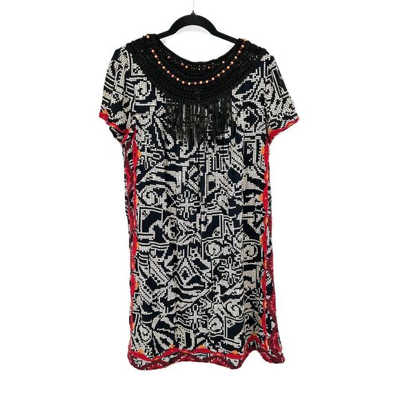 ANTHROPOLOGIE Floreat Abelia Black White Embroidered Fringe Boho Dress Large - Picture 3 of 10